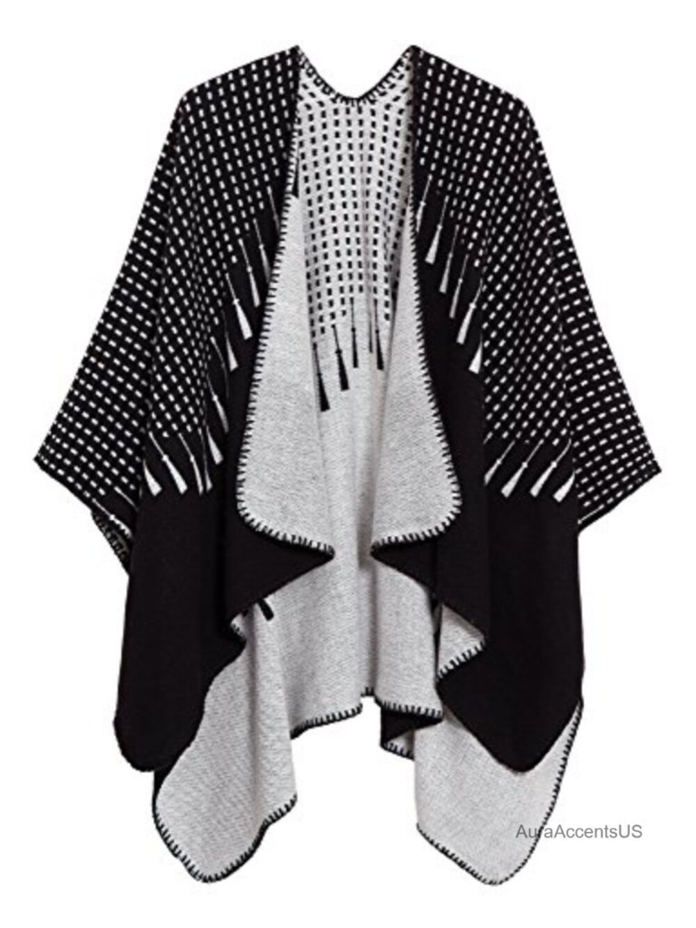 Open Front Poncho Shawl Wrap Cape Ruana Whipstitch Reversible
